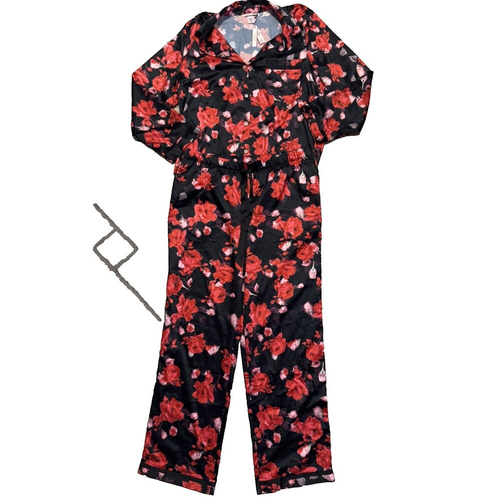 Victoria Secret Satin Pajama Set 2 Piece "Afterhours" Black Red Roses Size L